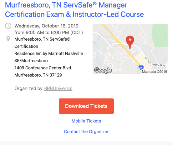 COURSE/EXAM REMINDER 10/16/2019 Murfreesboro TN ServSafe® Manager
